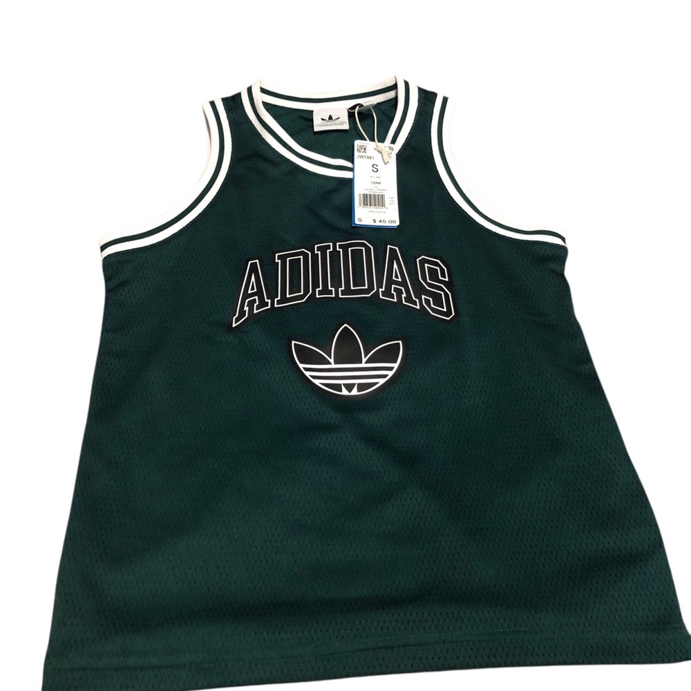 adidas Dark Green Mesh Logo Tank Top with White Trim